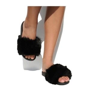 Air Underground Black Faux Fur Slide Slippers Flat Sandal Shoes 11